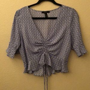 Blue polka dot ruched crop top